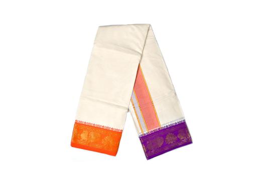 Purple Orange Peacock Design Puja Dhoti & Shawl Set