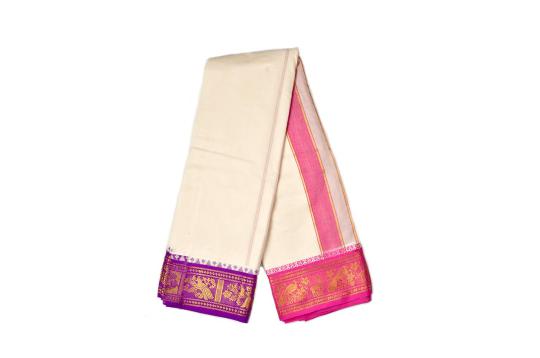 Pink Purple Peacock Design Puja Dhoti & Shawl Set