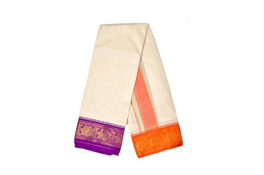 Orange Purple Flower Design Puja Dhoti & Shawl Set