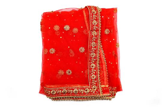 Durga Mata Chunni Golden Border Flower Latkan