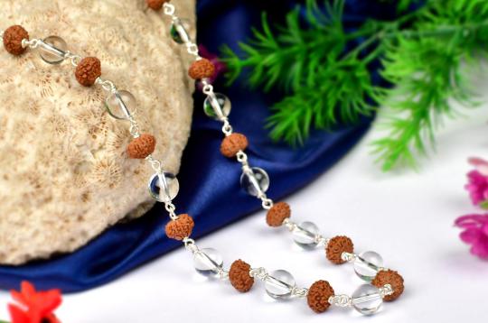9 mukhi Rudraksha and Sphatik beads mala (Silver wire)