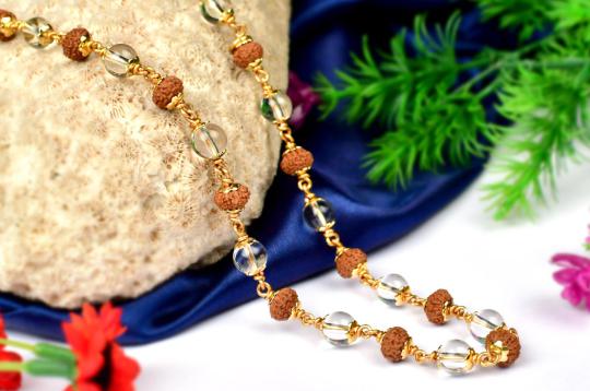 9 mukhi Rudraksha and Sphatik beads mala (Copper gold polish cap design)