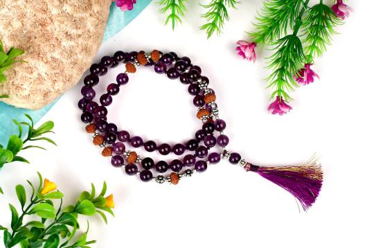 9 mukhi Rudraksha and Amethyst beads mala