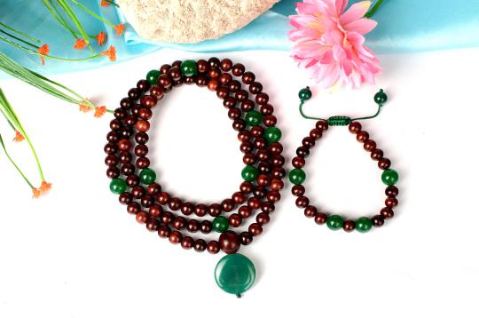 Red Sandalwood and Green Onyx Mala and Bracelet set