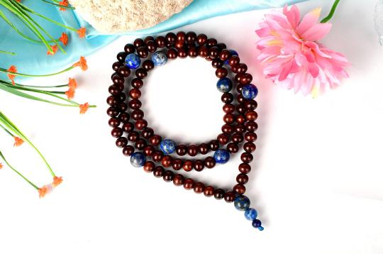 Red Sandalwood and Lapis Lazuli Mala