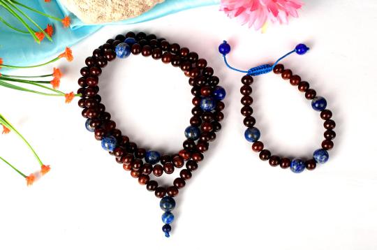 Red Sandalwood and Lapis Lazuli Mala and Bracelet set