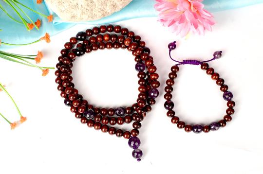 Red Sandalwood and Amethyst Mala and Bracelet set