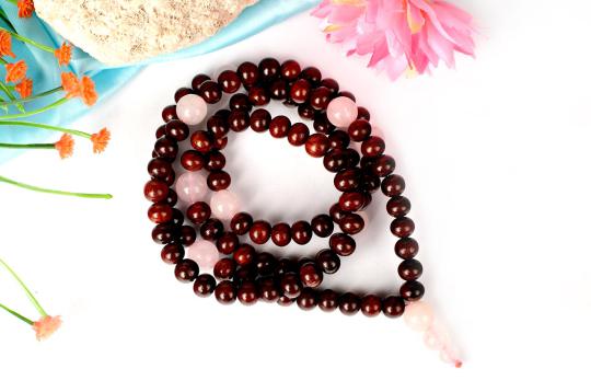 Red Sandalwood and Rose Quartz Mala