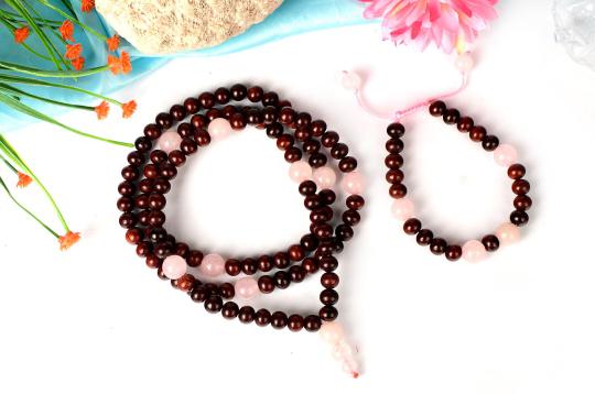 Red Sandalwood and Rose Quartz Mala and Bracelet set