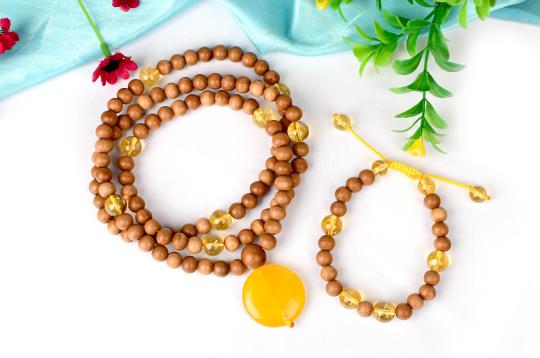 White Sandalwood and Yellow Citrine Mala and Bracelet set