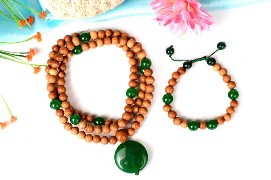 White Sandalwood and Green Onyx Mala and Bracelet set