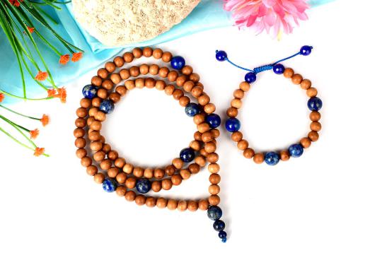 White Sandalwood and Lapis Lazuli Mala and Bracelet set