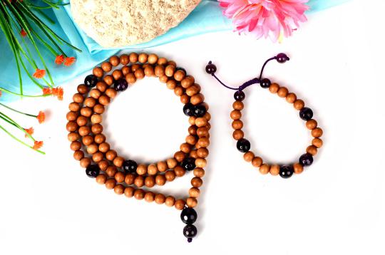 White Sandalwood and Amethyst Mala and Bracelet set