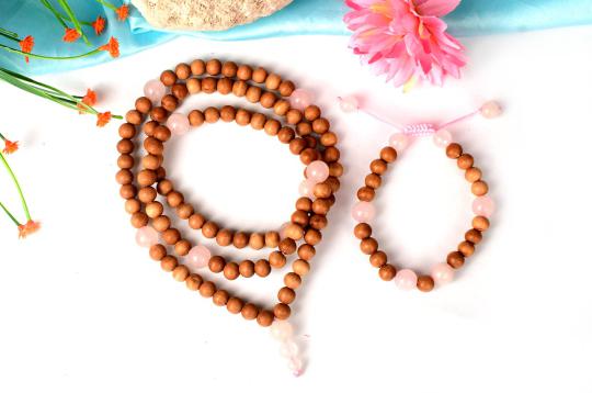 White Sandalwood and Rose Quartz Mala and Bracelet set