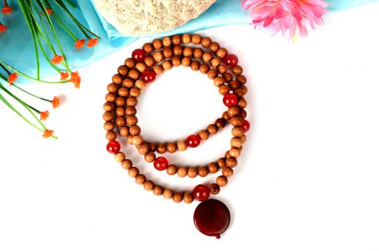 White Sandalwood and Red Carnelian Mala