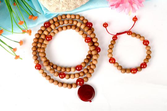 White Sandalwood and Red Carnelian Mala and Bracelet set