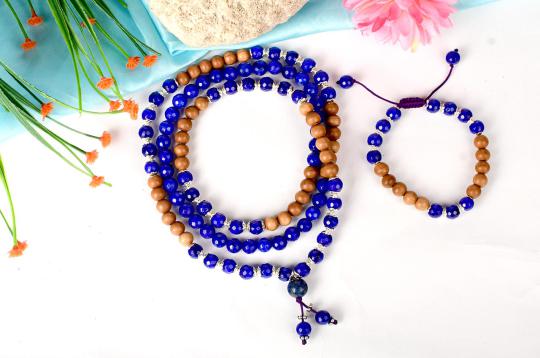 Blue Jade and Sandalwood Mala and Bracelet set