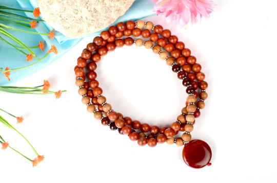 Red Jade and Sandalwood Mala