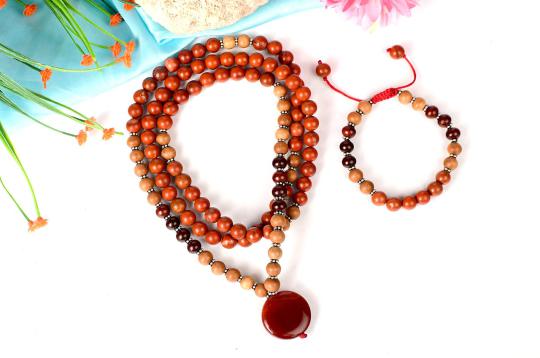 Red Jade and Sandalwood Mala and Bracelet set