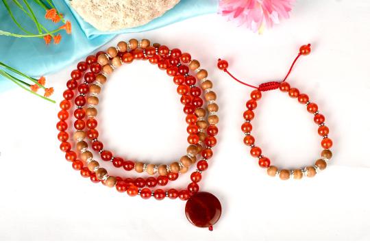 Red Carnelian and White Sandalwood Mala and Bracelet set