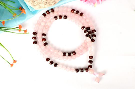 Rose Quartz and Red Sandalwood Mala