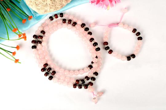 Rose Quartz and Red Sandalwood Mala and Bracelet set