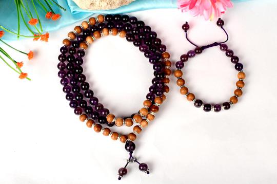 Amethyst and Sandalwood Mala and Bracelet set