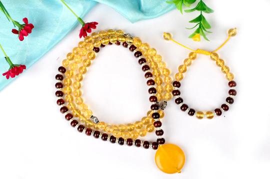 Yellow Citrine and Red Sandalwood Mala and Bracelet set