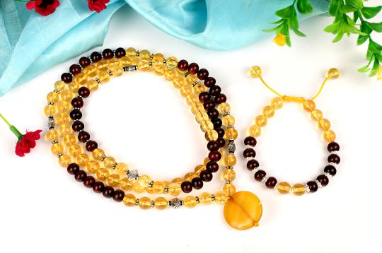 Yellow Citrine and Red Sandalwood Mala and Bracelet set - I