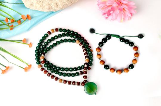 Green Onyx and Sandalwood Mala and Bracelet set - I