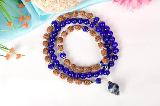 4 mukhi Rudraksha and Faceted Blue jade mala