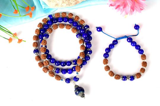 4 mukhi Rudraksha and Blue jade faceted Mala and Bracelet set