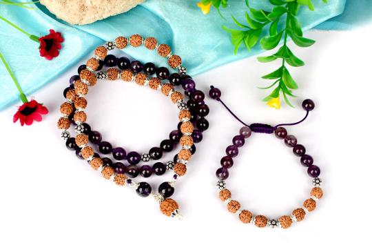 9 mukhi Rudraksha and Amethyst Mala and Bracelet set