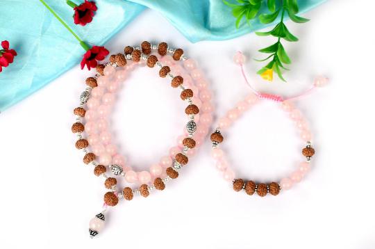 7 mukhi Rudraksha and Rose Quatrz Mala and Bracelet set