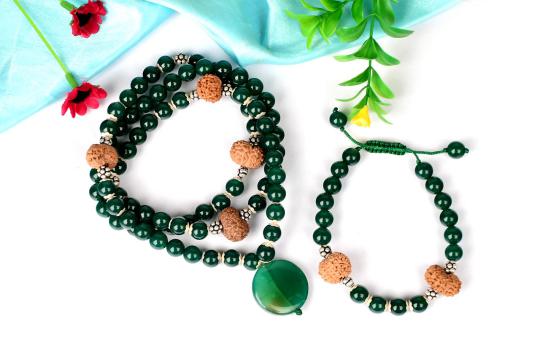 15 mukhi Rudraksha and Green Onyx Mala and Bracelet set
