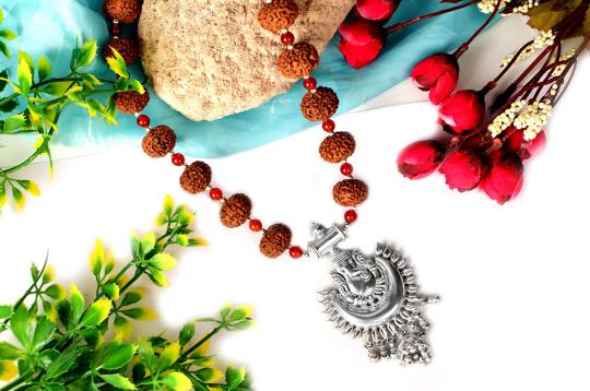 Collector 8 Mukhi Mala from Java with Red Carnelian beads and pure silver Ganesha pendent