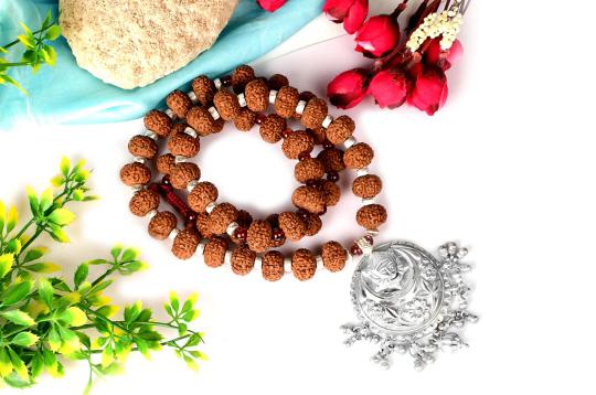 Collector 9 Mukhi Mala from Java with Gomed beads and pure silver Durga pendent