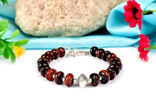 Red Tiger Eye (Button Shape) Silver Bracelet