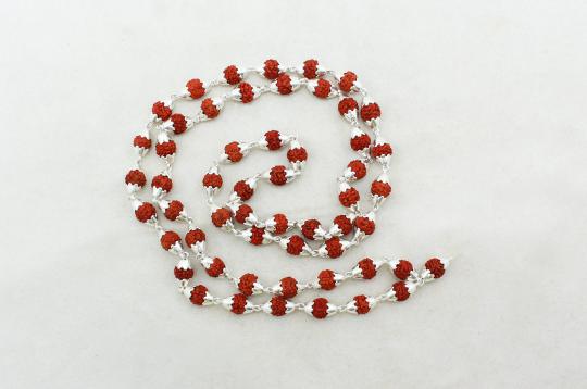 Rudraksha punchmukhi mala in conical silver flower caps