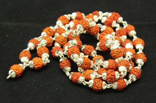 Rudraksha punchmukhi mala in silver with self design caps