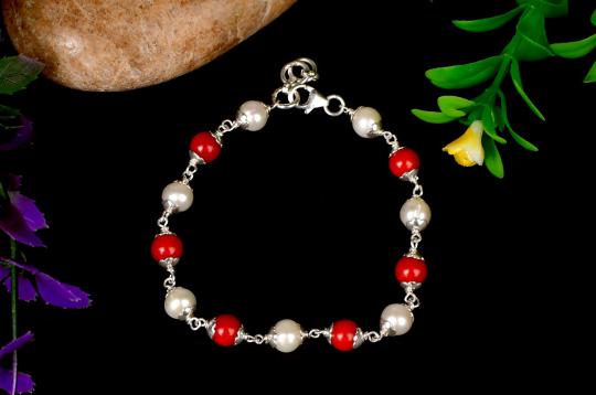 Pearl and  Coral bracelet with Silver caping