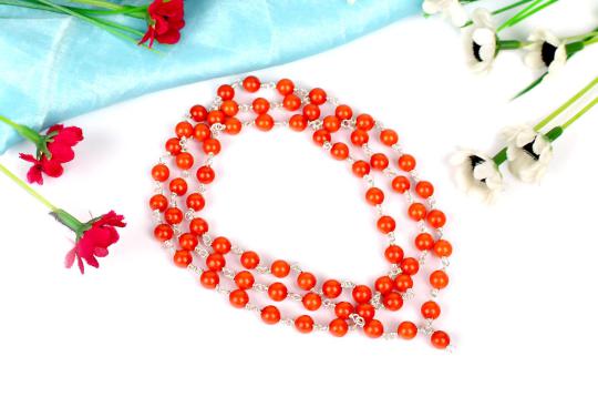 Round Coral Mala in pure silver - I