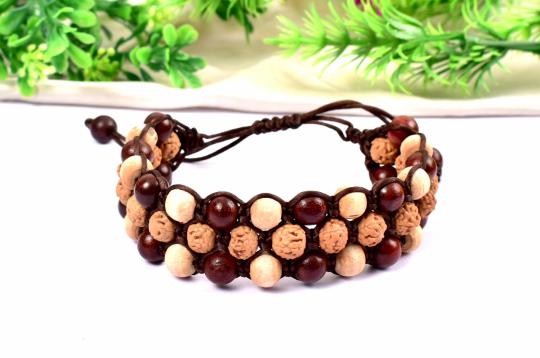 Semi Chikna Rudraksha with Red sandal beads and White tulsi beads bracelet