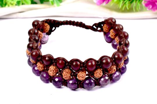 Semi Chikna Rudraksha with Red sandal beads and Amethyst beads bracelet