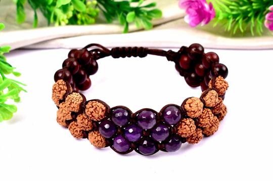 Rudraksha with Red Sandal beads and Amethyst Faceted beads bracelet