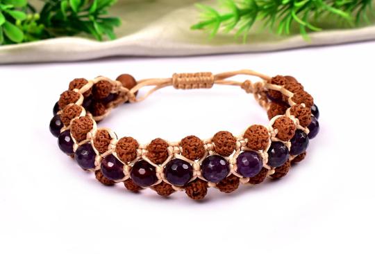 Semi Chikna Rudraksha with Sandal beads and Amethyst Faceted beads bracelet