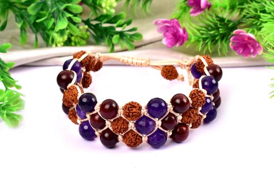 Rudraksha with Red Sandal beads and Amethyst Faceted beads bracelet - I