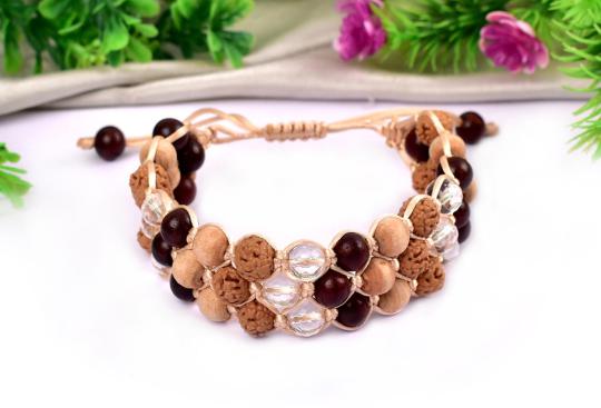 Semi Chikna Rudraksha with Red sandal beads and White tulsi and Sphatik Faceted beads bracelet