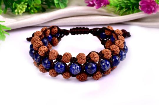 Semi Chikna Rudraksha with  Red Sandal beads and Lapis Lazuli beads bracelet - I
