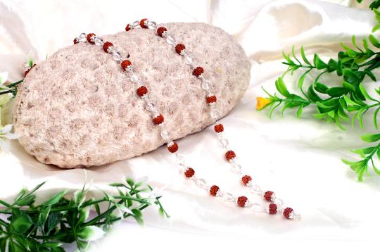 Rudraksha and Sphatik mala in silver flower caps - 6mm